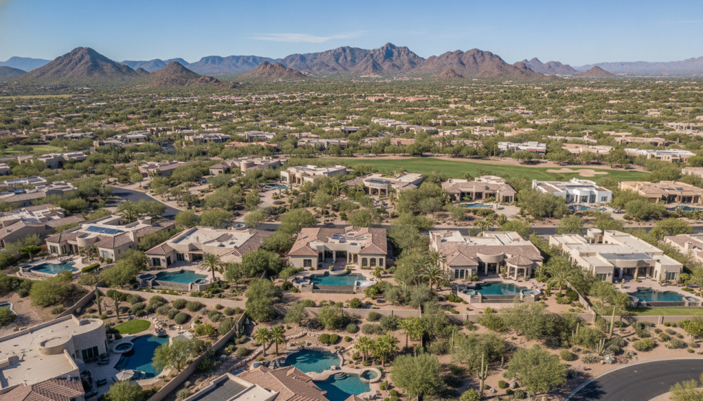 Aerial view of North Scottsdale luxury homes near Paradise Valley showing property layouts