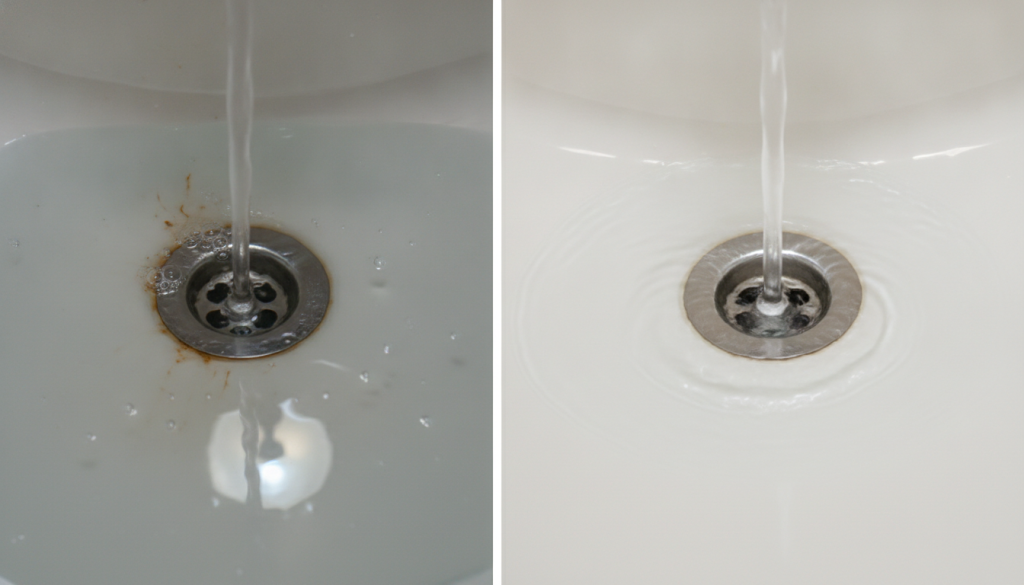 Before and after comparison of cleared drain showing restored water flow