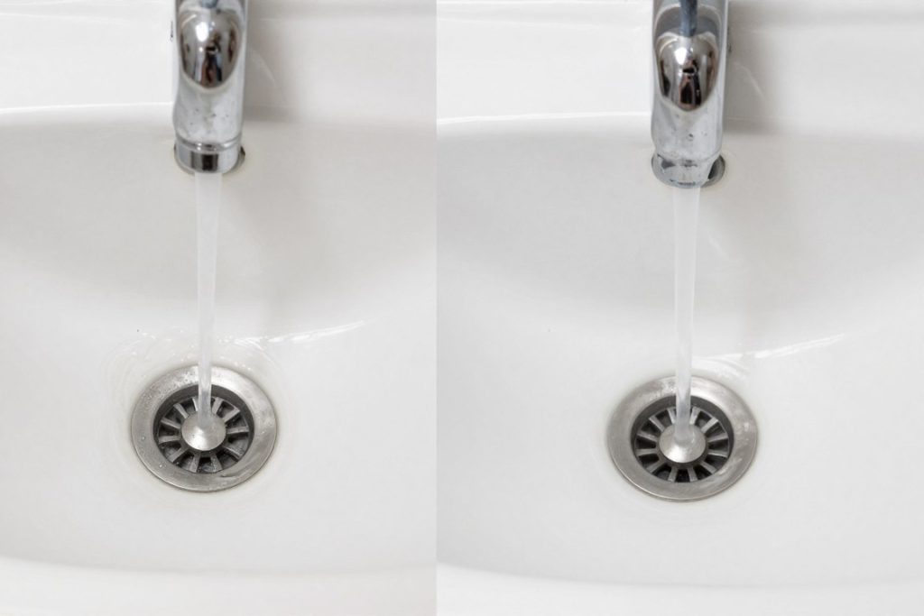Before and after drain cleaning results showing clear water flow