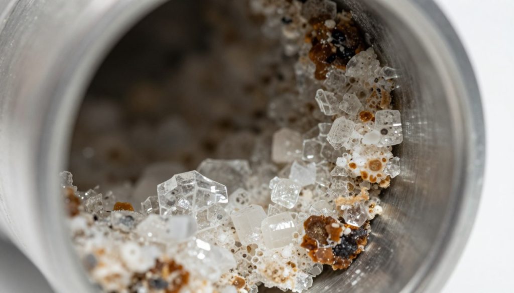 Close-up of mineral deposits and hard water buildup inside drain pipe