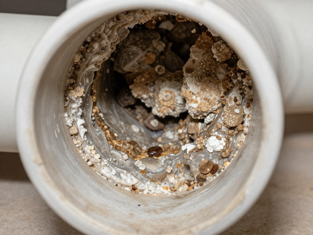 Close-up view of hard water calcium buildup inside drain pipe in Phoenix home