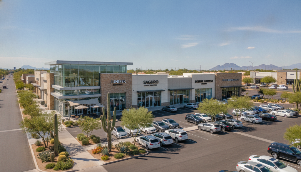 Commercial property exterior showing retail businesses in North Scottsdale
