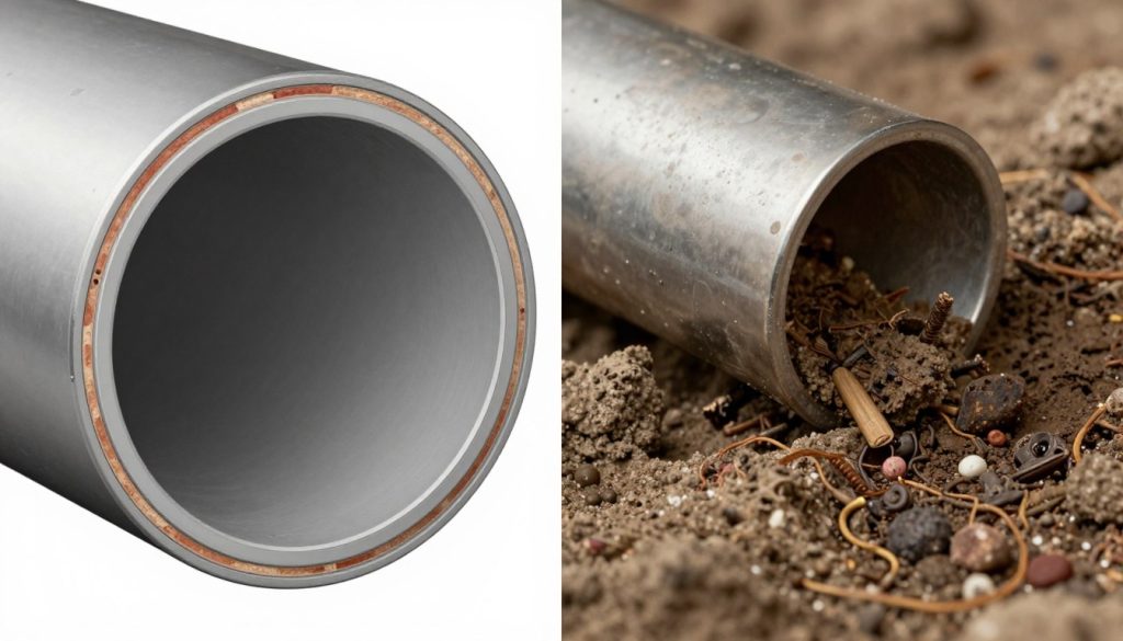 Comparison of clean drain pipe versus clogged drain pipe with buildup