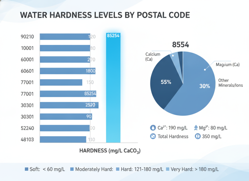 Comparison of water hardness levels showing 85254 area extremely high mineral content
