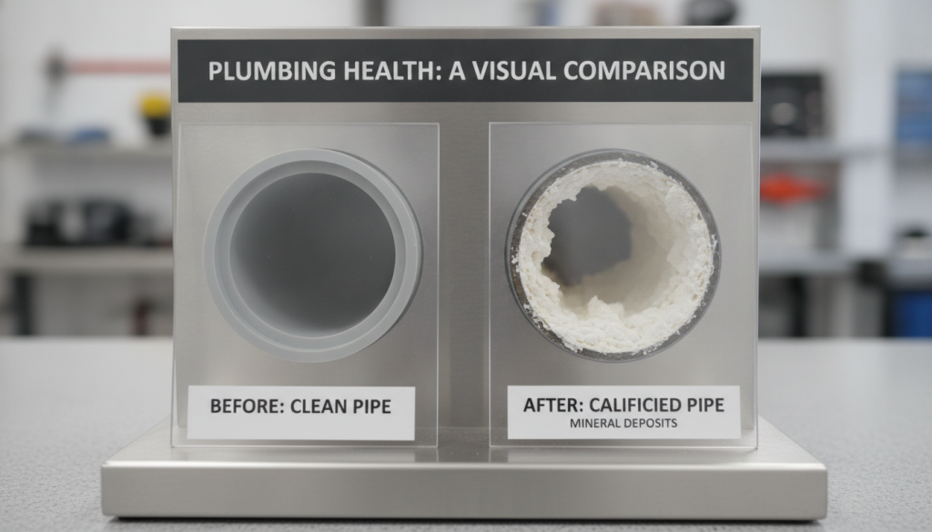 Cross-section comparison of clean drain pipe versus pipe severely clogged with calcium deposits