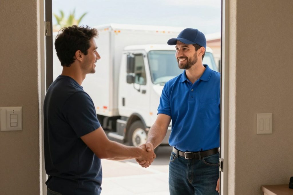 Customer shaking hands with drain cleaning technician after successful service