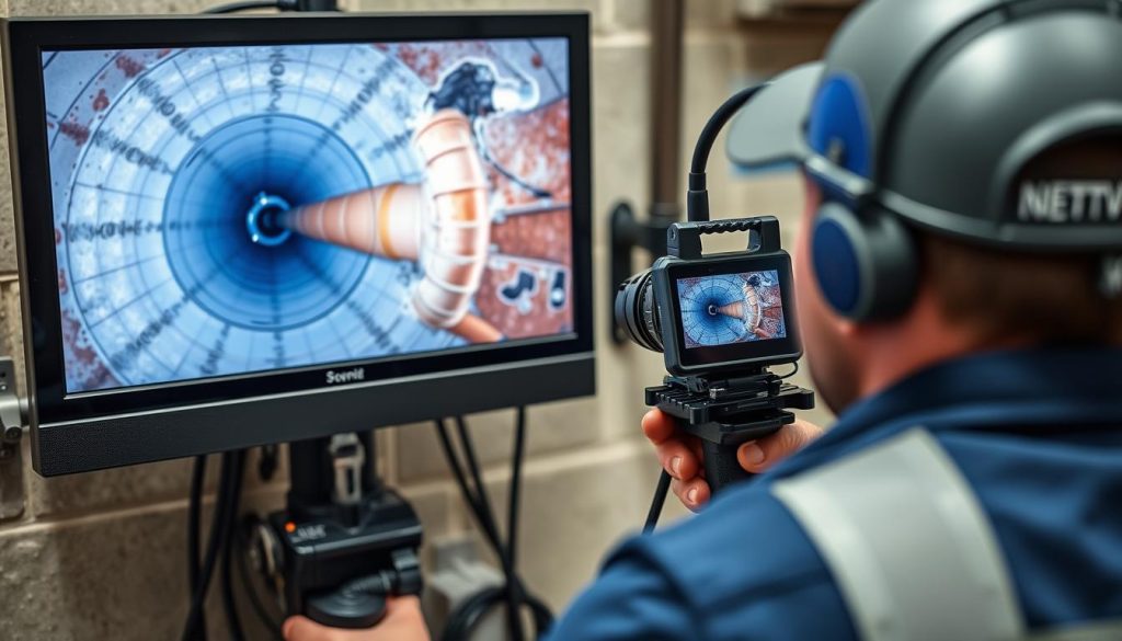 Drain camera inspection equipment showing detailed pipe interior on monitor
