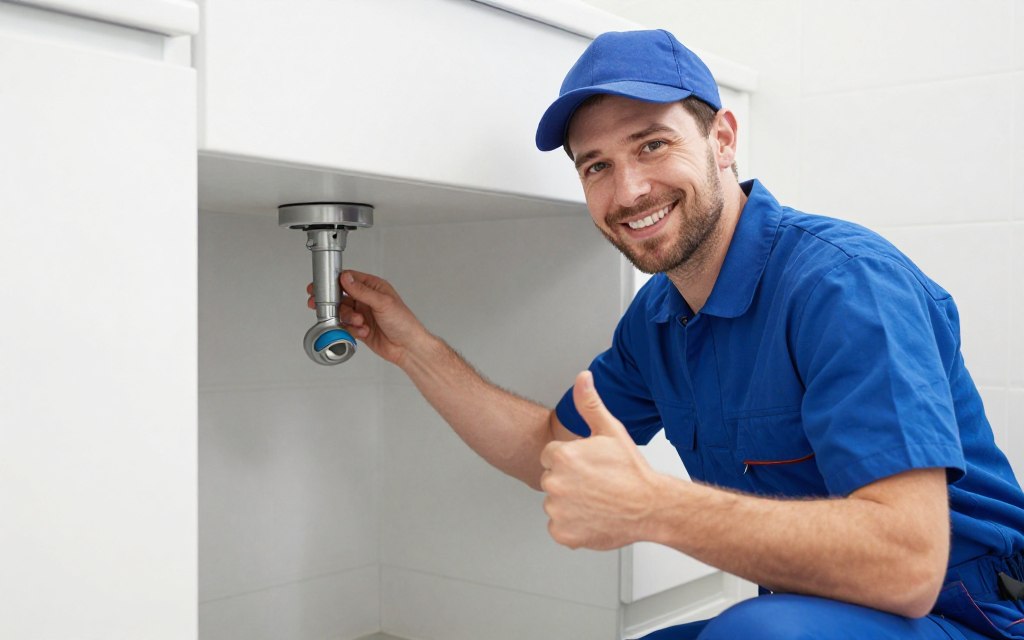 Drain cleaning technician completing same day service repair