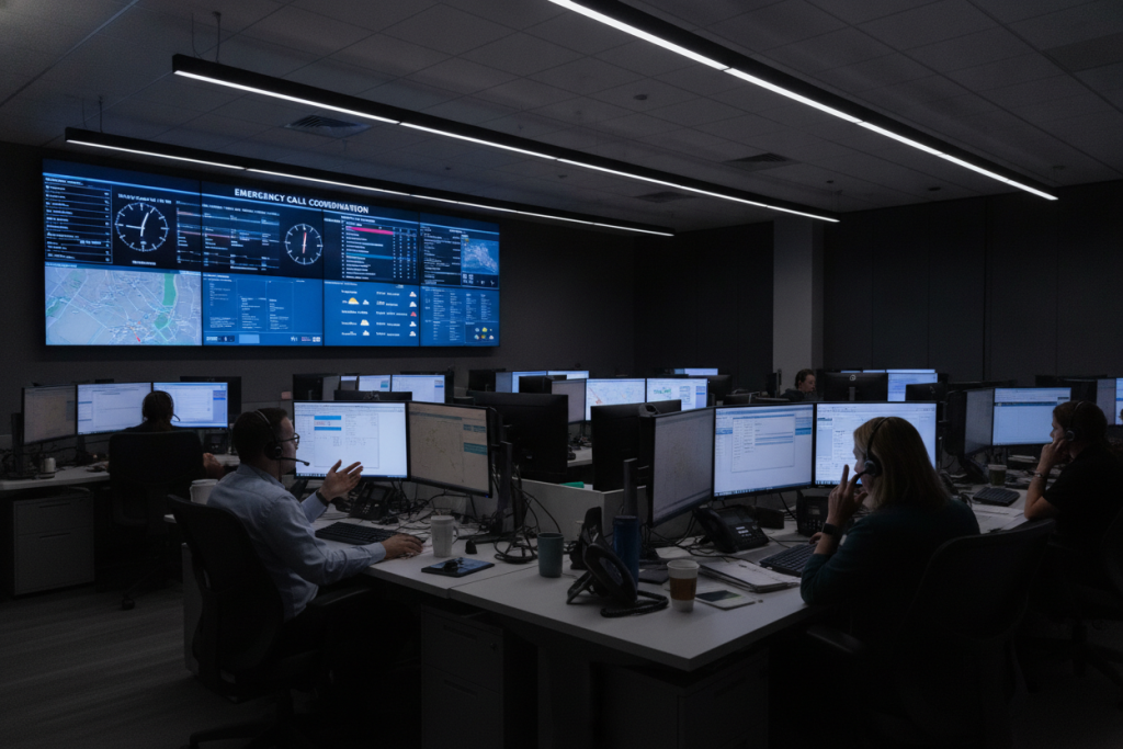 Emergency dispatch center with operators taking calls