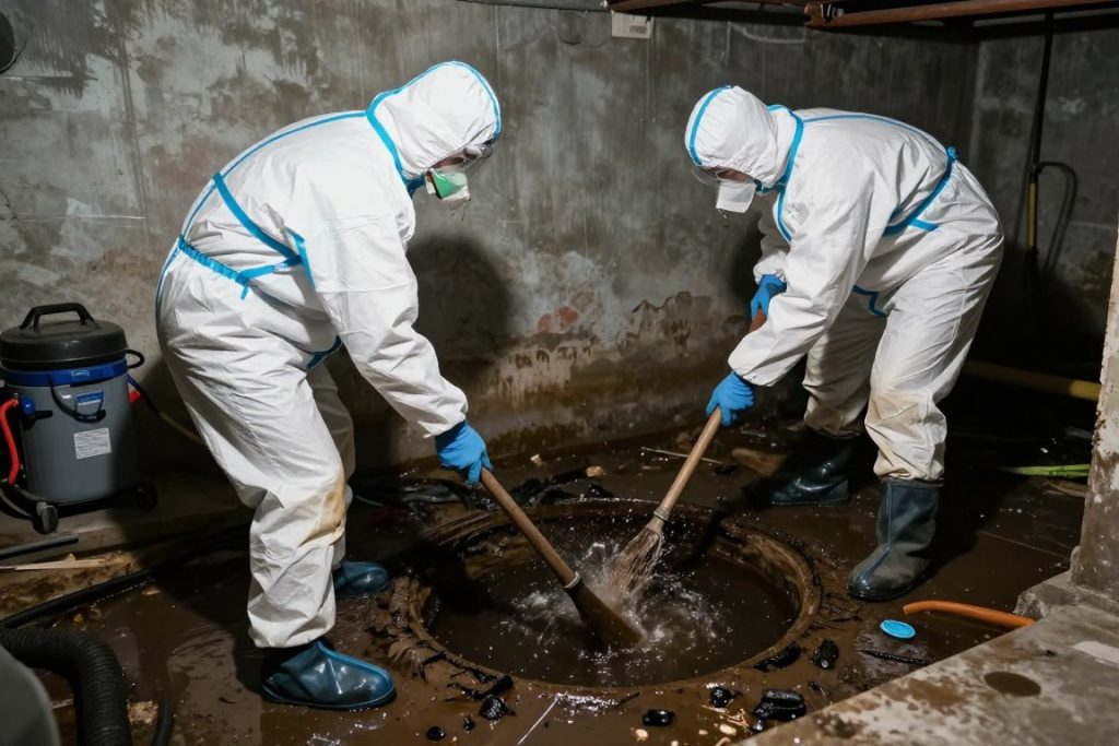 Emergency drain backup cleanup and sanitization in progress