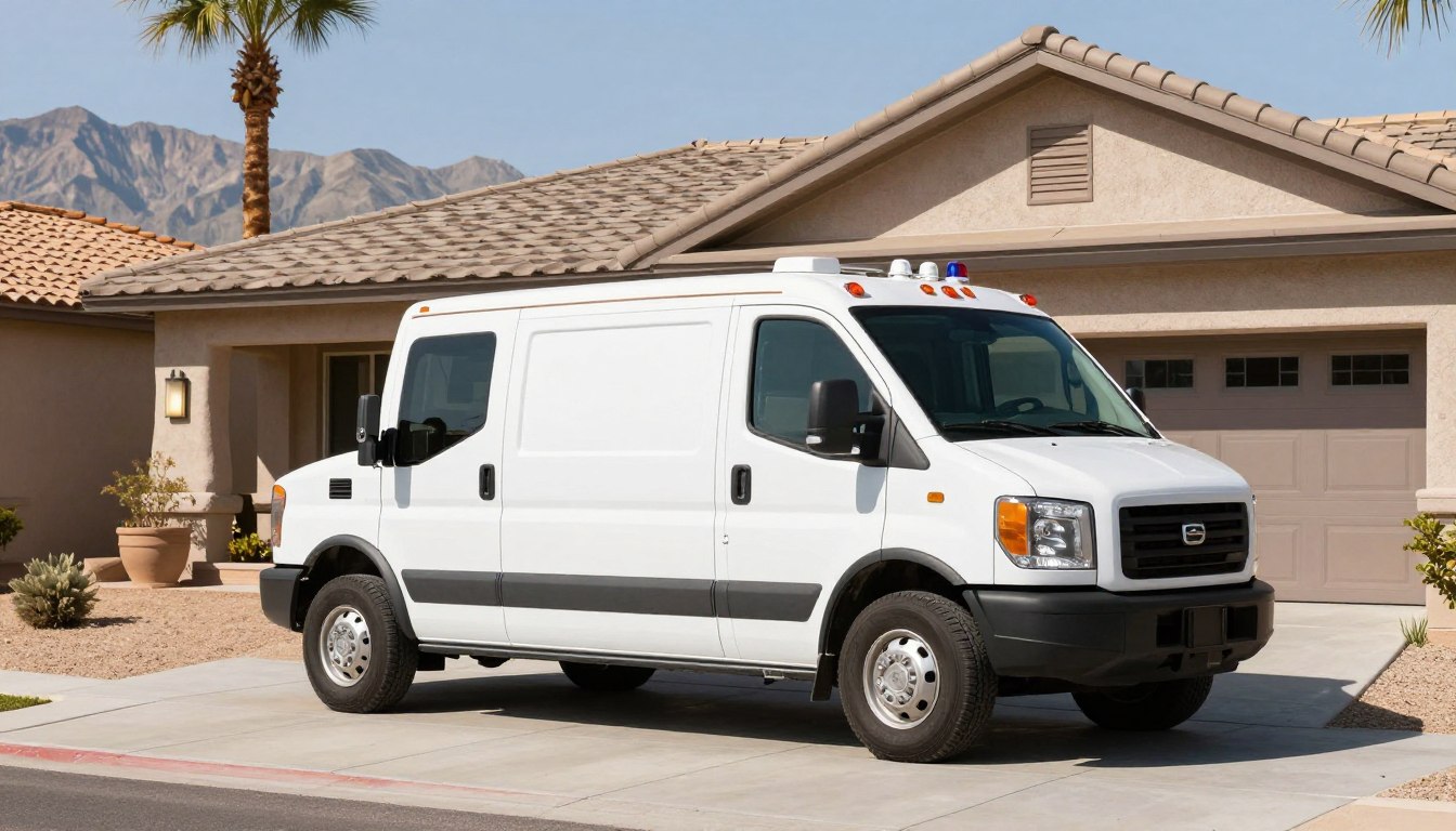 Emergency drain cleaning service truck arriving at Tempe Arizona residential property