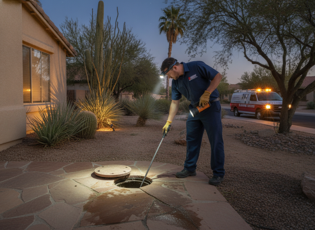 Emergency drain cleaning technician responding to nighttime service call in 85254 area