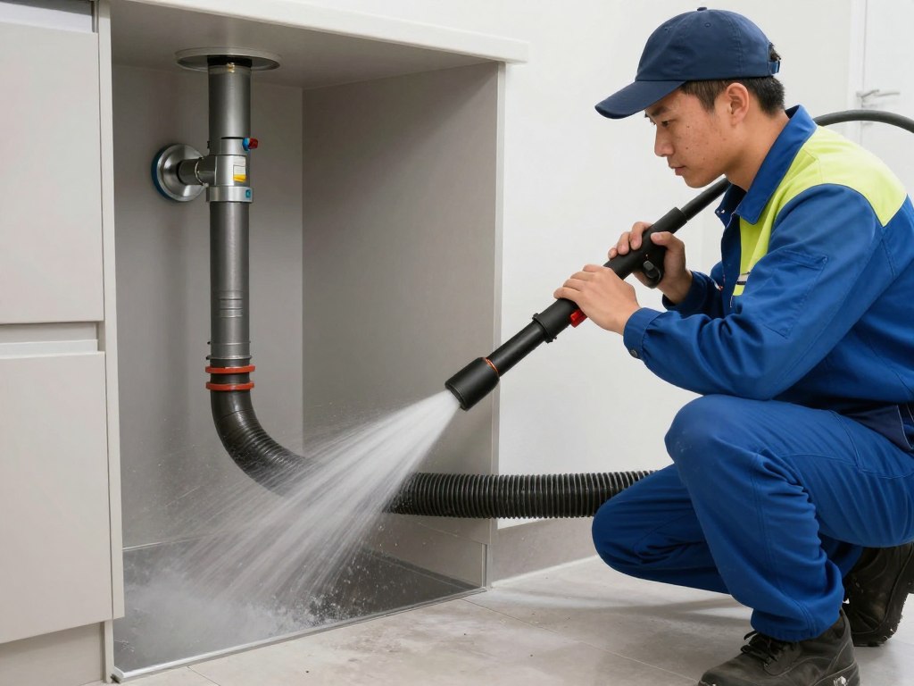 Emergency drain cleaning technician using hydro jetting equipment on clogged drain in Tempe home