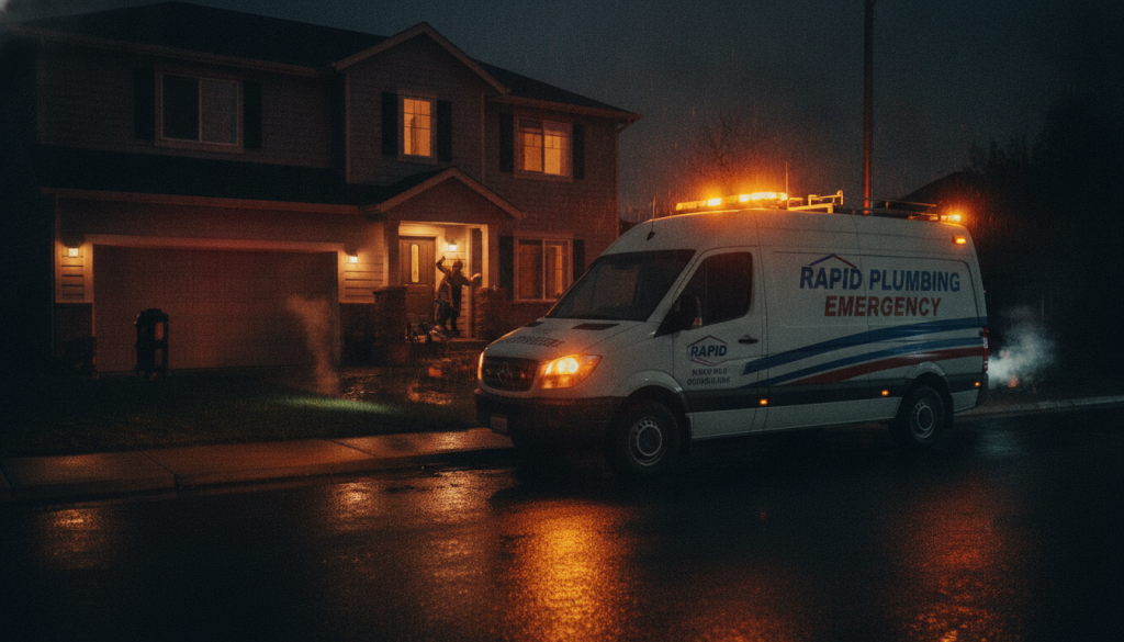 Emergency plumbing service vehicle responding at night with emergency lights