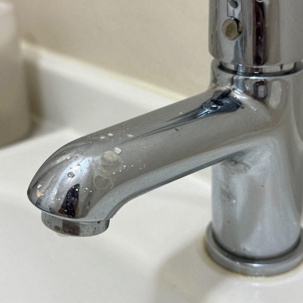 Hard water stains and mineral deposits on bathroom faucet