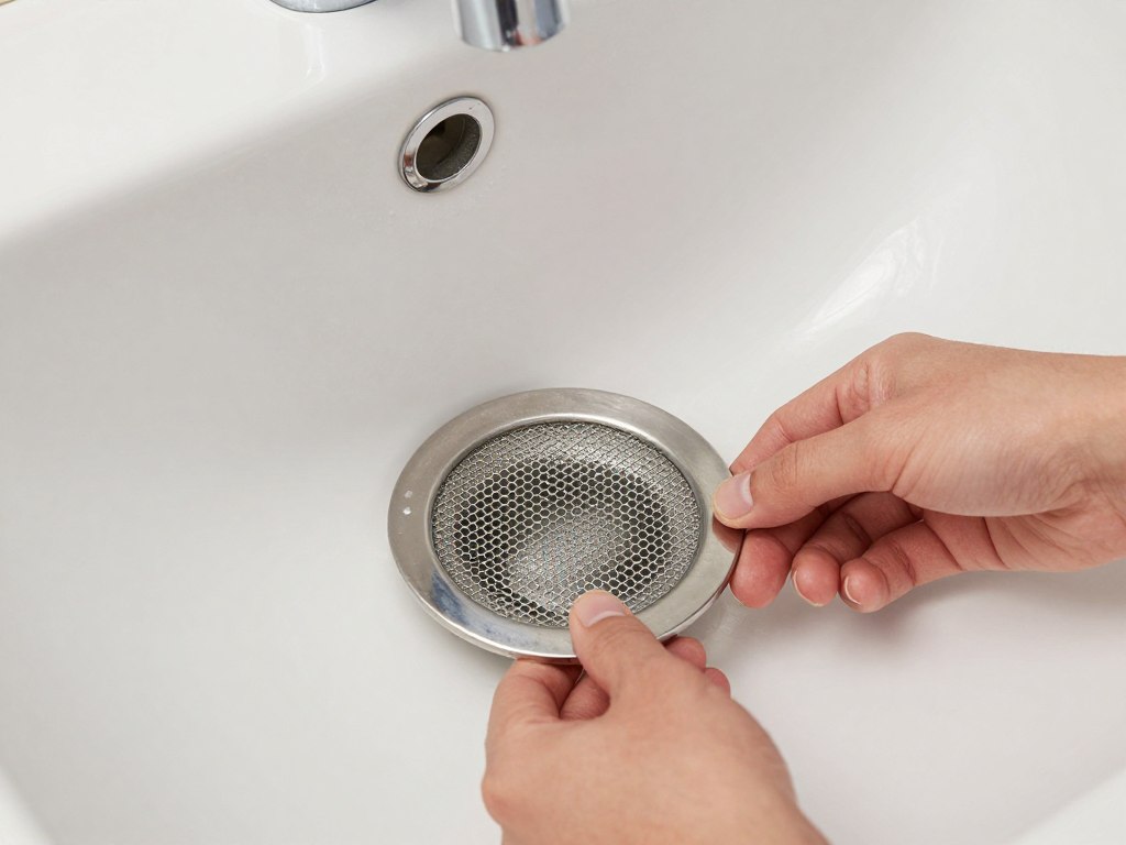 Homeowner installing drain screen to prevent clogs in bathroom sink Homeowner installing drain screen to prevent clogs in bathroom sink