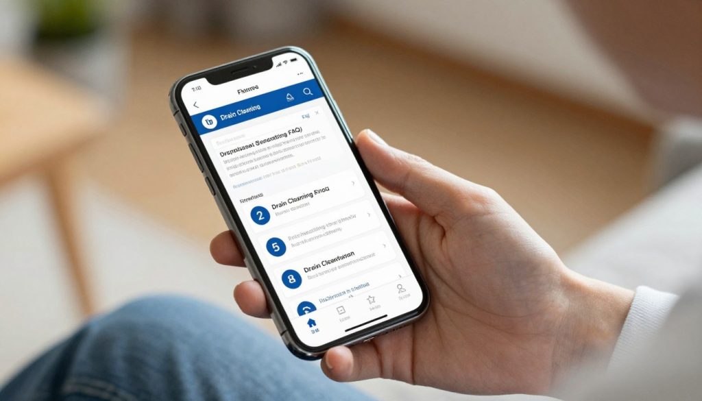 Homeowner reading FAQ about drain cleaning services on mobile phone Homeowner reading FAQ about drain cleaning services on mobile phone