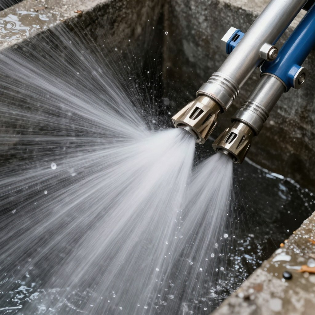 Hydro jetting nozzle spraying high pressure water inside drain pipe