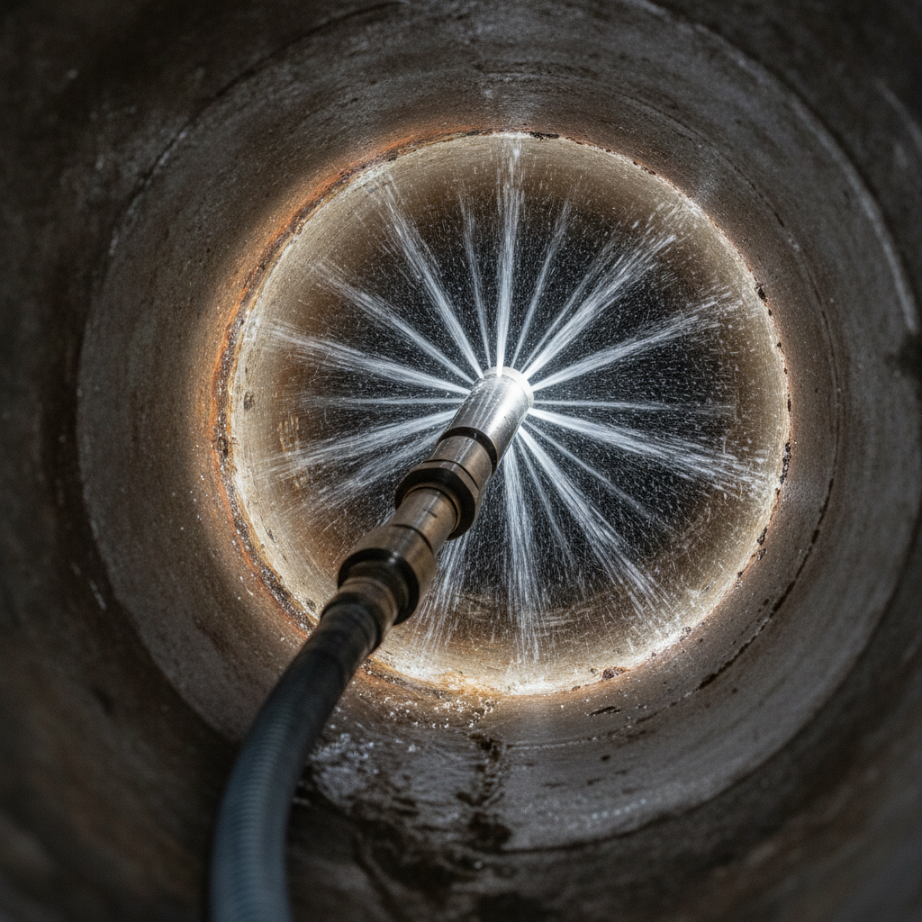 Hydro jetting nozzle spraying high-pressure water inside drain pipe