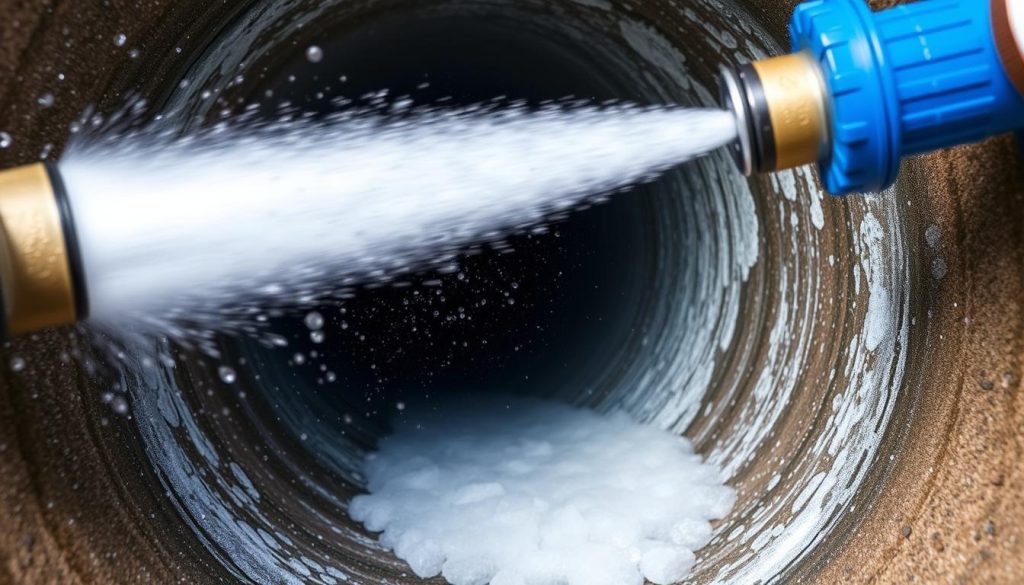 Hydro jetting process removing calcium deposits from Chandler home drain pipes