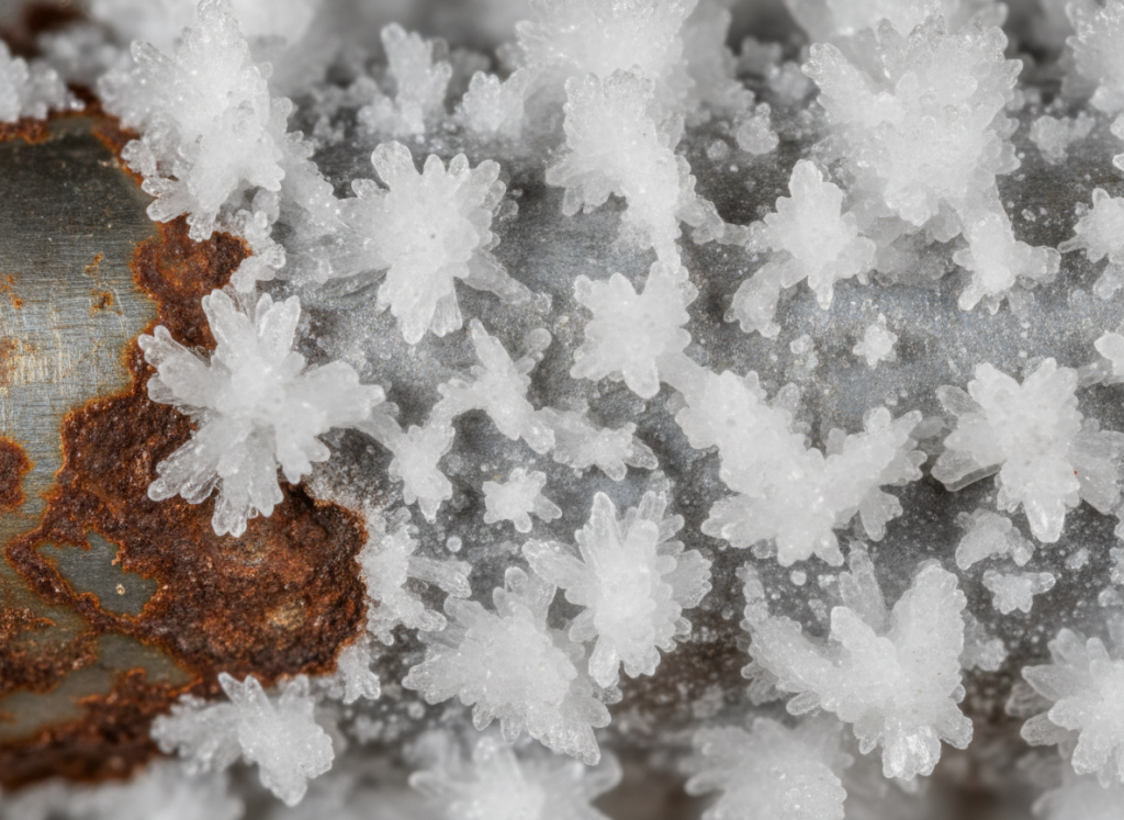 Microscopic view of calcium carbonate crystals forming inside drain pipe
