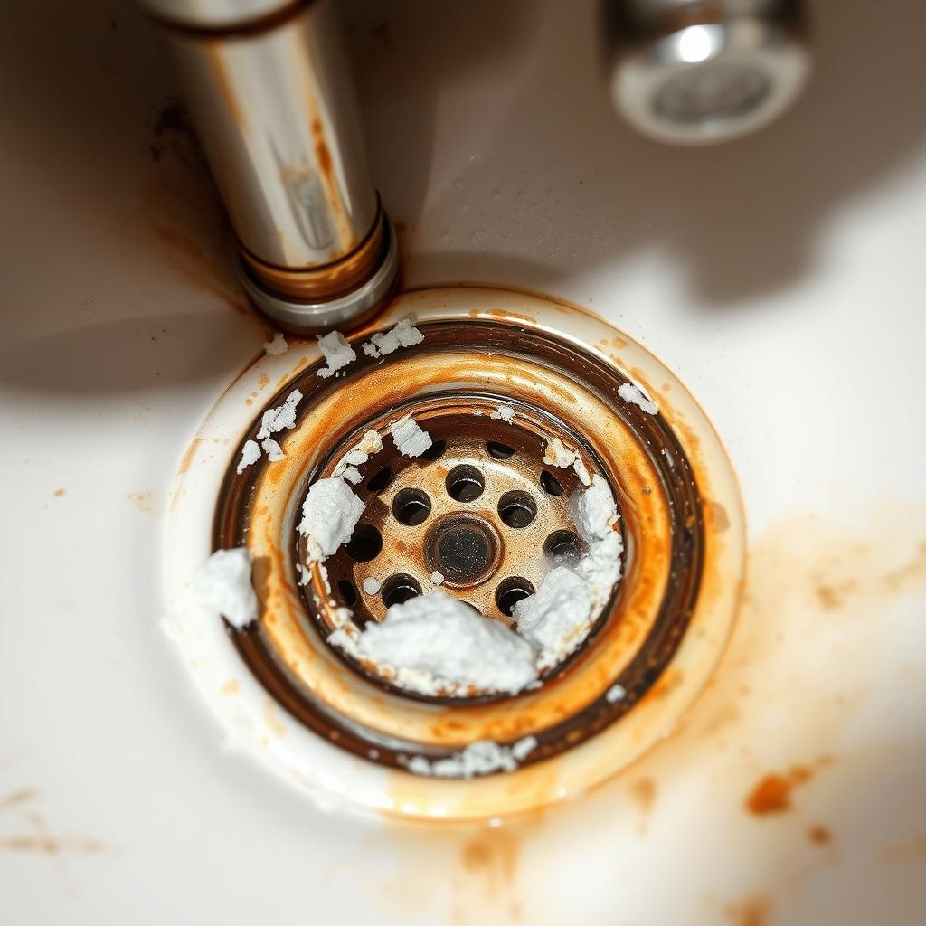 Mineral stains around drain from hard water