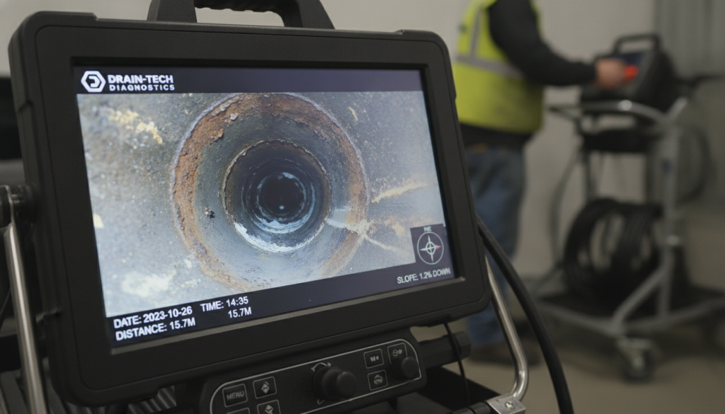 Monitor display showing high-definition drain pipe interior inspection video