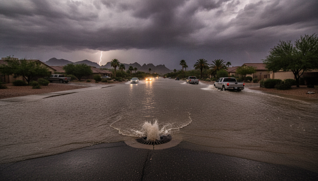 Monsoon storm water flooding street with overwhelmed drainage system