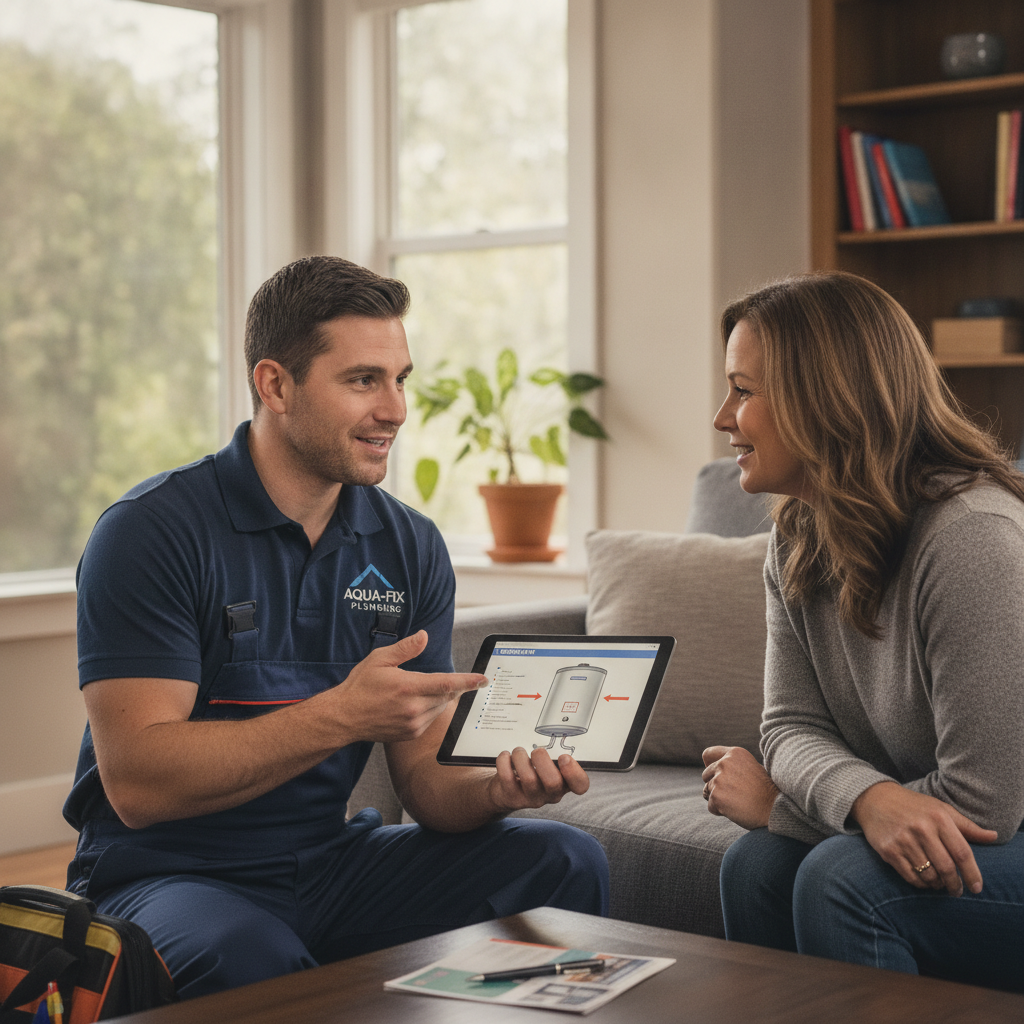 Plumber explaining maintenance recommendations to homeowner