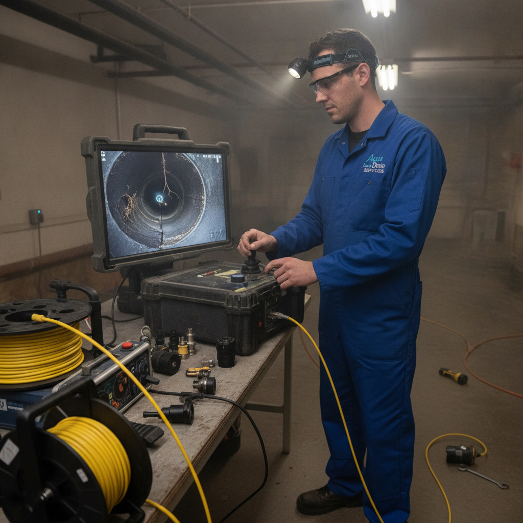 Plumber performing video inspection of drain system