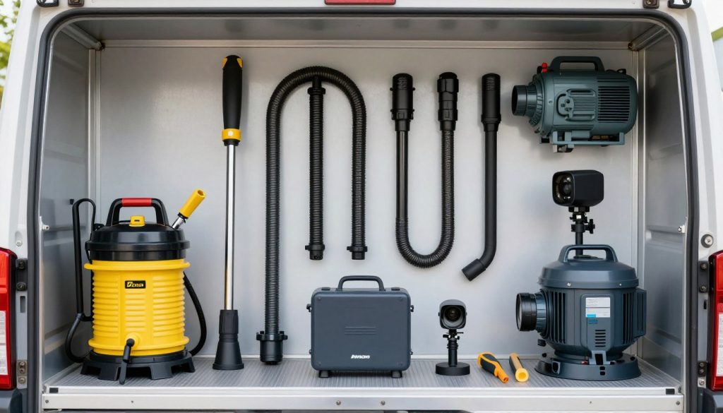 Professional drain cleaning equipment and tools displayed on service truck