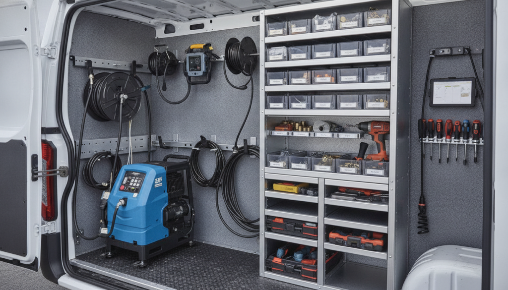 Professional drain cleaning equipment and tools organized in service vehicle