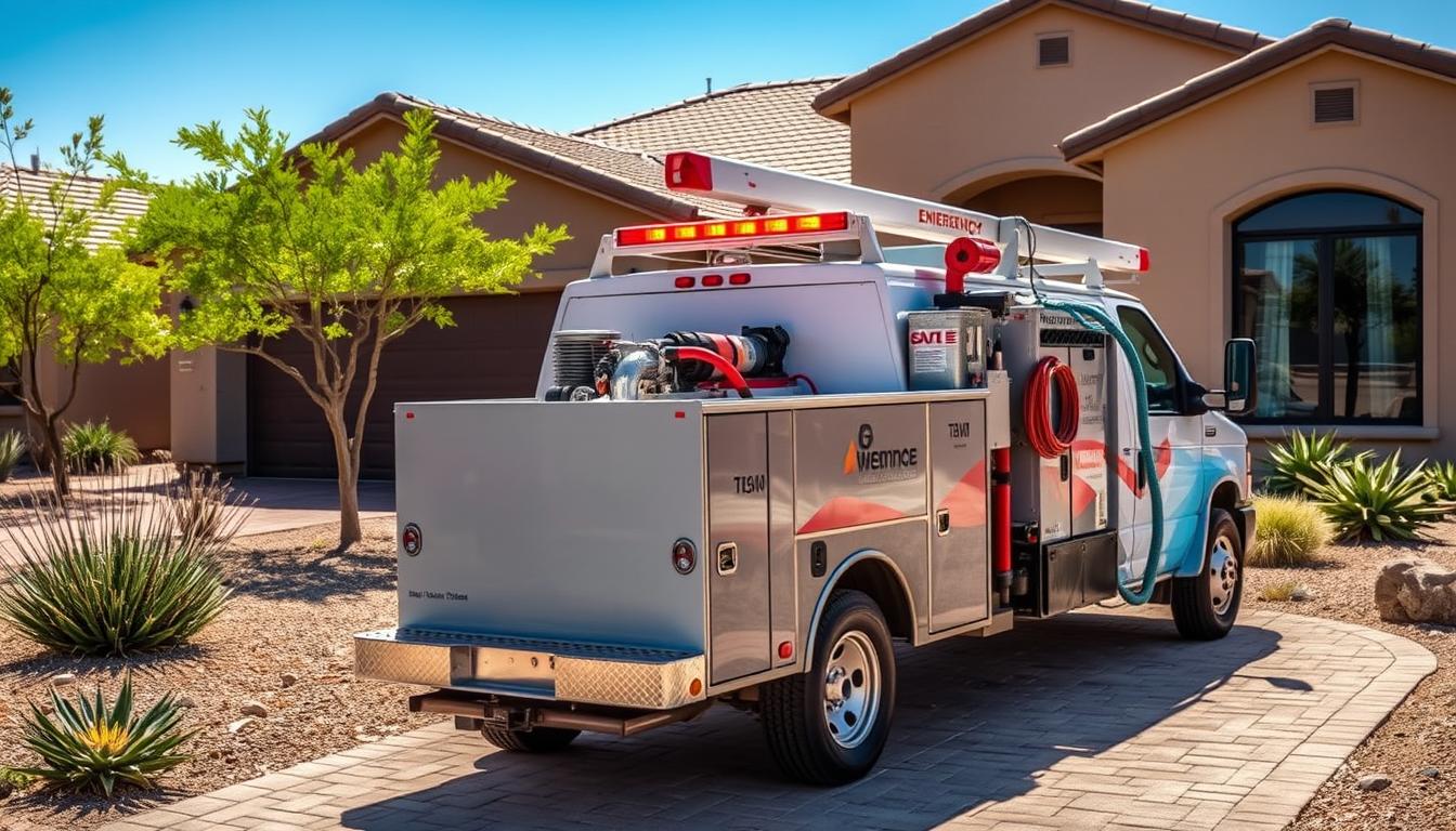 Professional drain cleaning service truck arriving at Chandler Arizona home for emergency repair