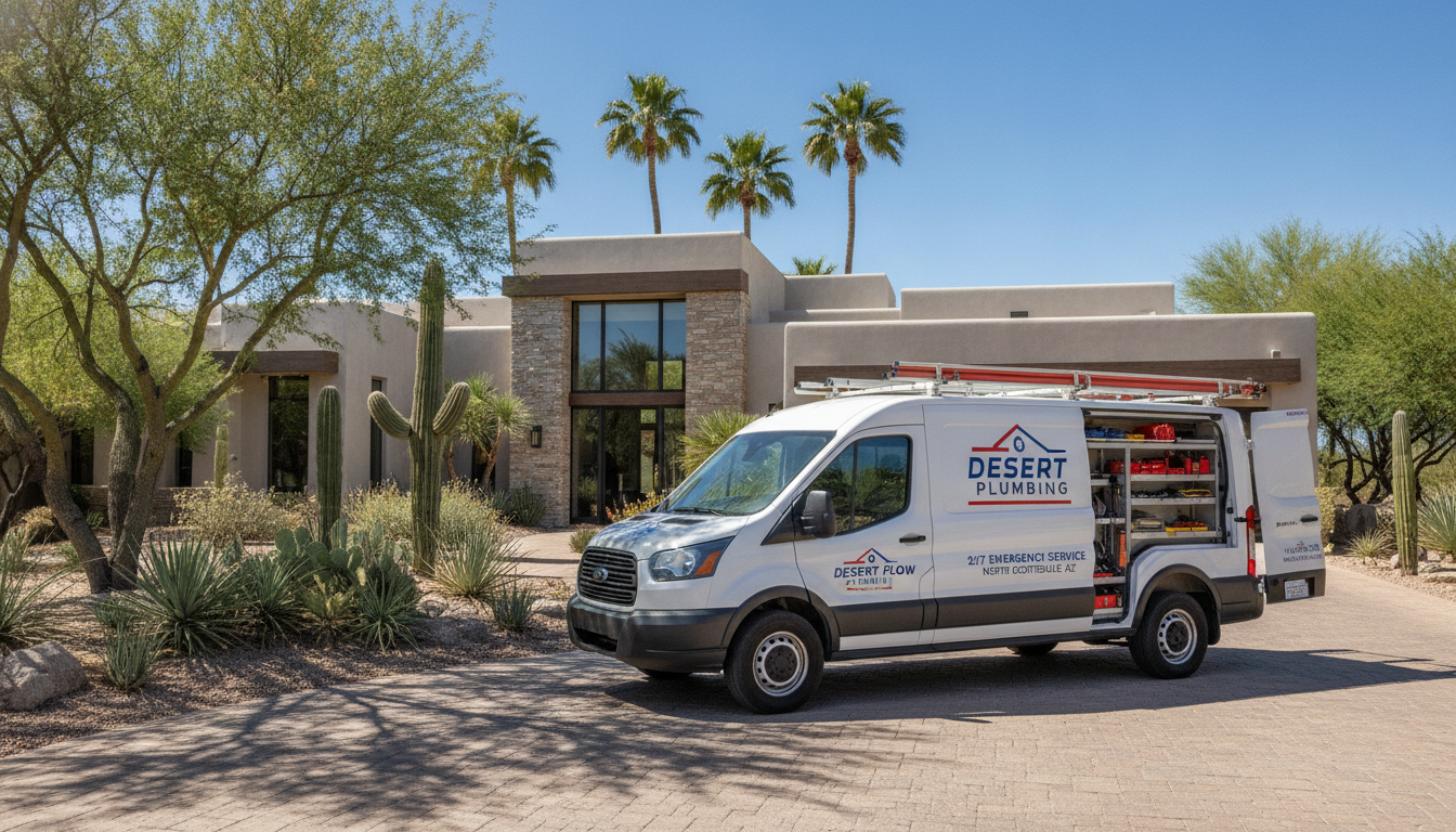 Professional drain cleaning service truck arriving at upscale North Scottsdale home in ZIP 85254