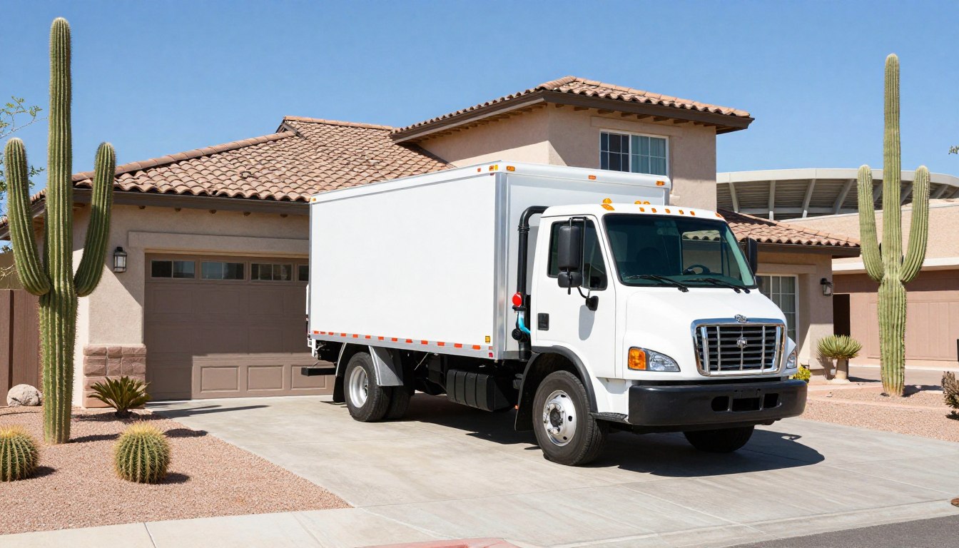 Professional drain cleaning service truck parked in front of Tempe Arizona residential home