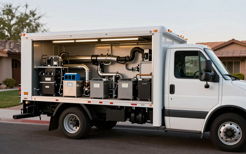 Professional drain cleaning service truck ready for next Tempe service call Professional drain cleaning service truck ready for next Tempe service call