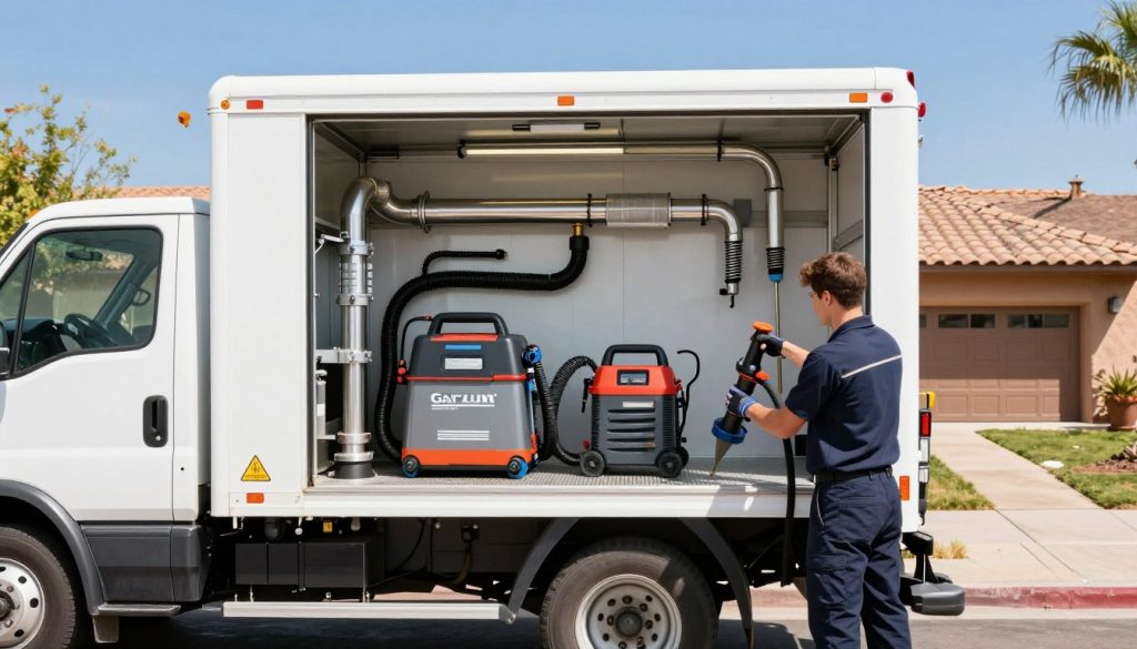 Professional drain cleaning service truck with technician preparing equipment