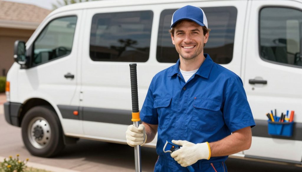 Professional drain cleaning technician with proper equipment and credentials