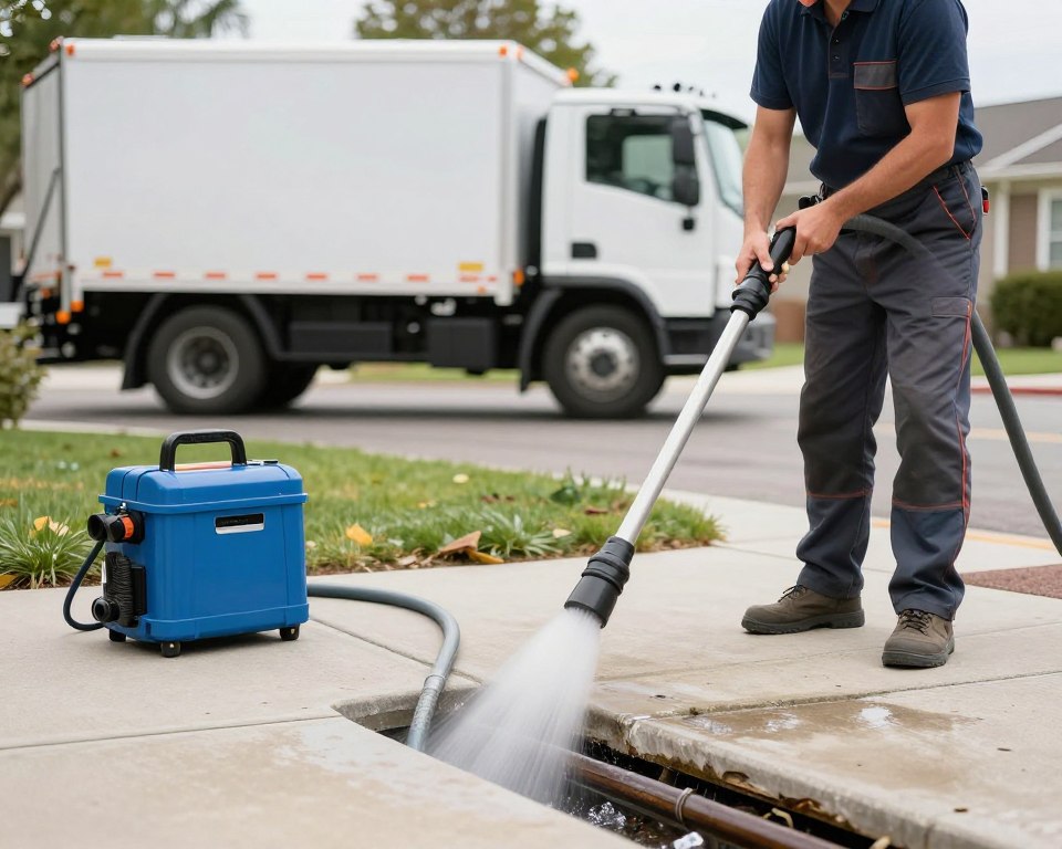 Professional hydro jetting equipment cleaning residential drain line