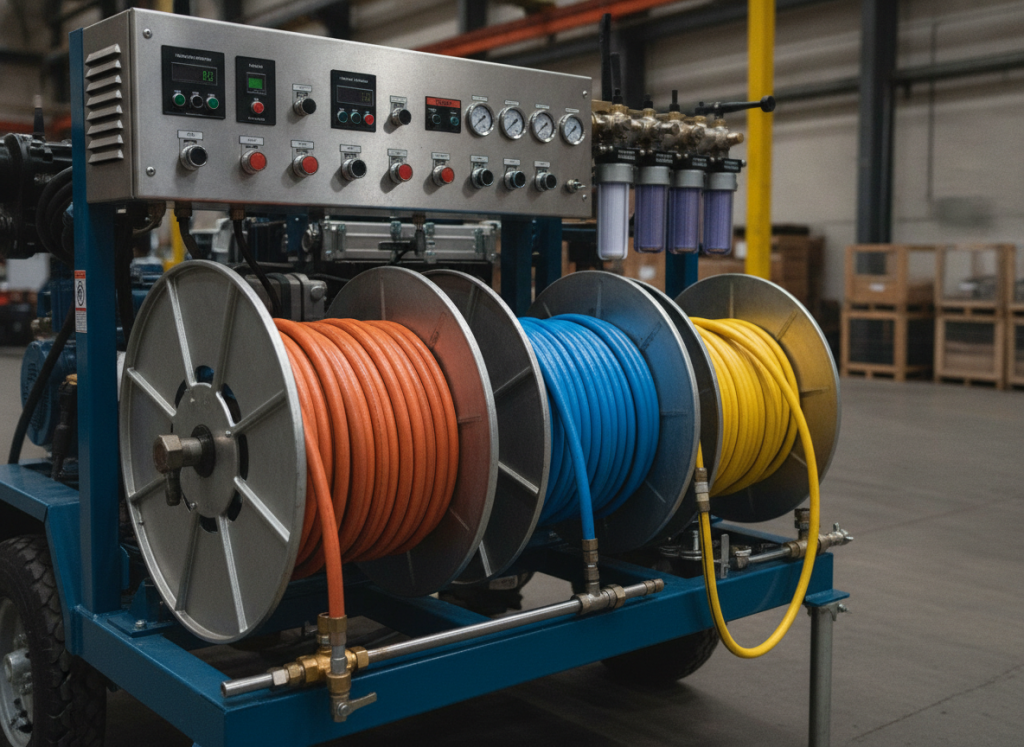 Professional hydro jetting machine with pressure gauges and hoses