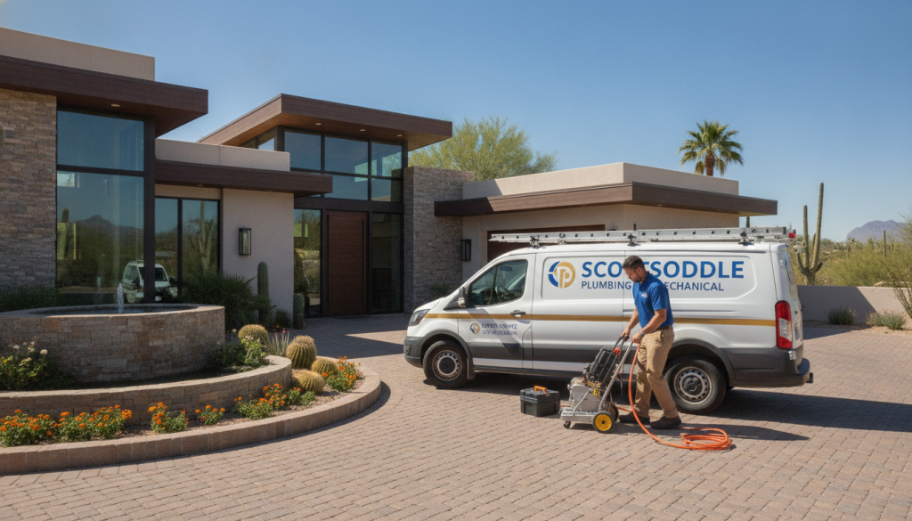 Professional plumber arriving same day to luxury home in 85254 for drain cleaning service