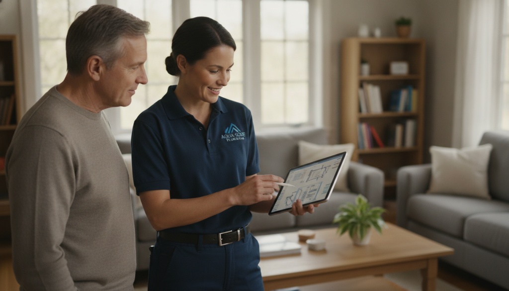 Professional plumber consulting with homeowner about drain cleaning options