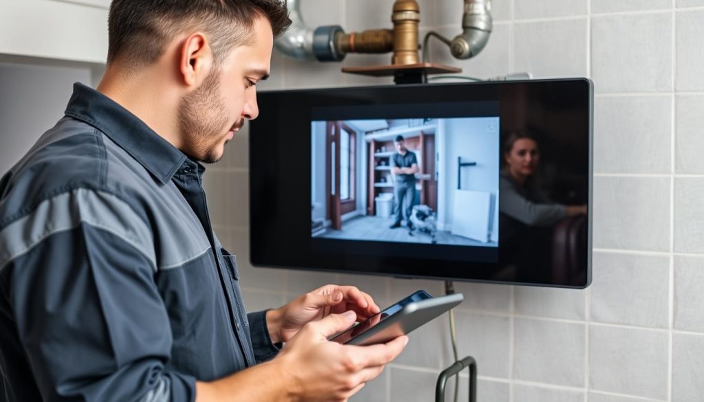 Professional plumber explaining drain assessment to homeowner