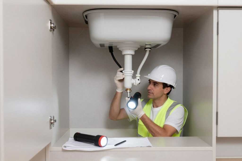 Professional plumber inspecting complete plumbing system in Tempe home