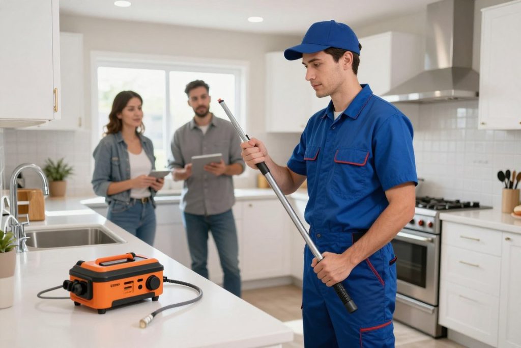 Professional plumber performing drain cleaning service in Tempe Arizona home