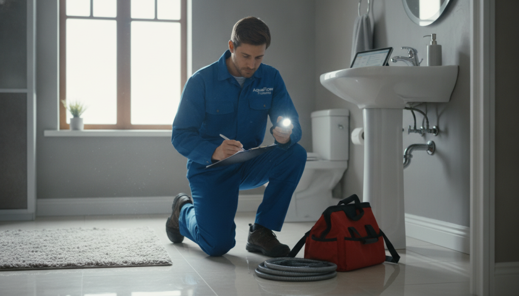 Professional plumber performing routine preventive drain maintenance inspection