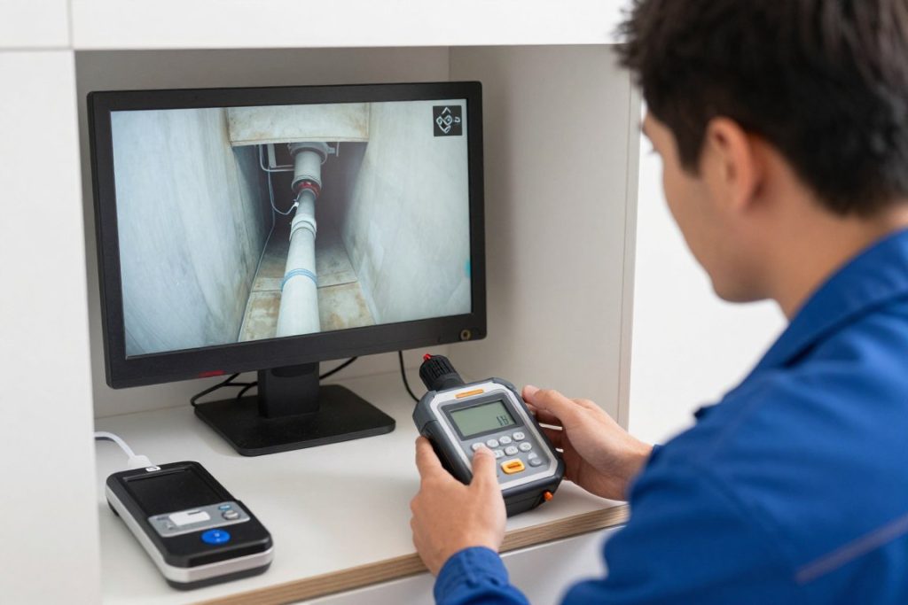 Professional plumber performing video camera inspection of main sewer line in Tempe