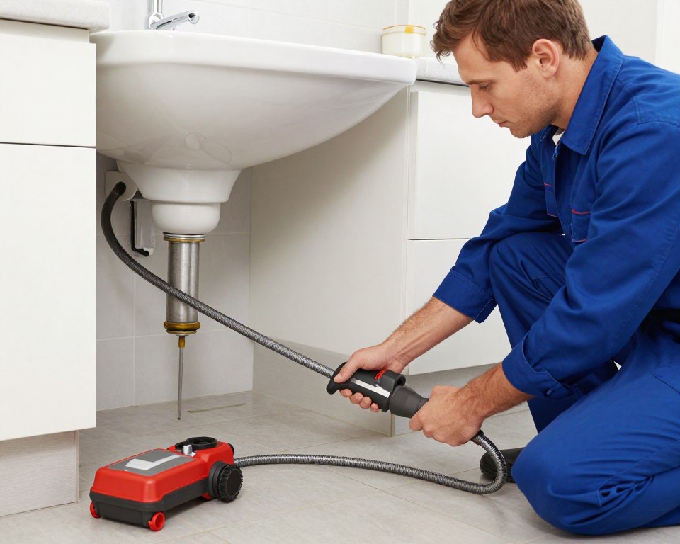 Professional plumber using advanced drain cleaning equipment in Phoenix home