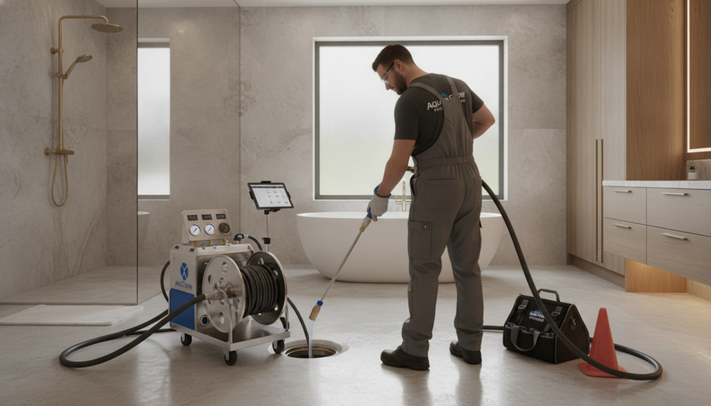 Professional plumber using hydro jetting equipment to clean clogged drain in luxury Scottsdale home