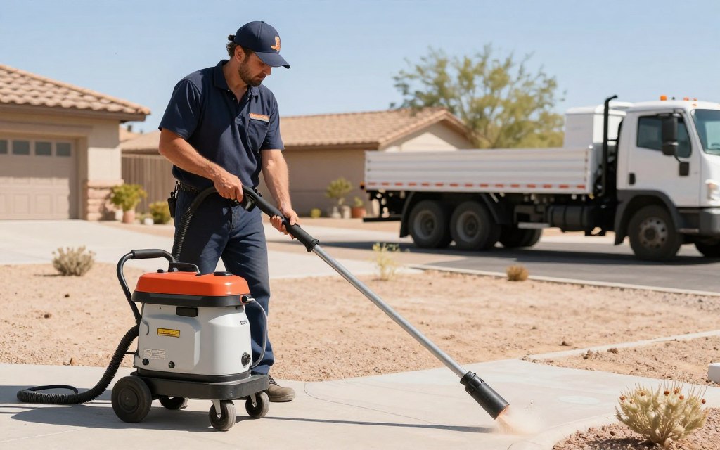 Professional technician operating hydro jetting equipment on residential drain
